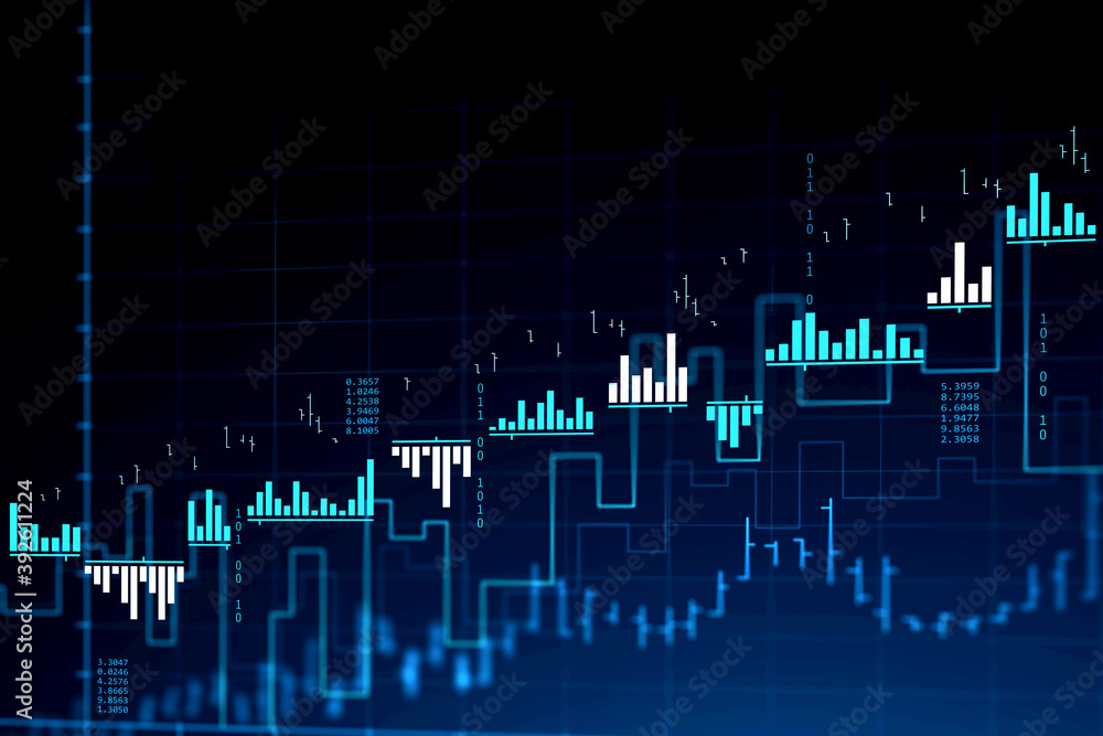 Poster immersive stock market and graph interface over blue background. concept of trading. 3d rendering to