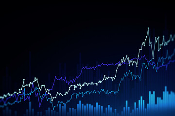 Futuristic stock market and graph interface over dark blue background. Concept of trading. 3d rendering toned image double exposure