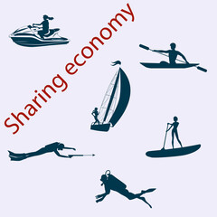 Sharing Economy. Water sports equipment. sailboat, motor boat, diving gun, kayak. Design Concept. Tourism. Journey.