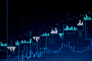 Immersive stock market and graph interface over blue background. Concept of trading. 3d rendering toned image double exposure