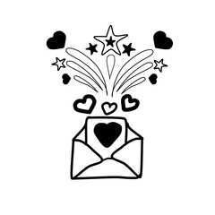 Vector icon of a love letter exploding with hearts and fireworks. Envelope with hearts and salute  isolated on a white background. Vector illustration in sketch style.
