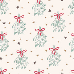 Joyeux Noël modèle sans couture dans des couleurs traditionnelles avec du gui dessiné à la main de vecteur, des fleurs, des étoiles. Fond répété de Noël pour le papier d& 39 emballage, le tissu, la décoration de Noël