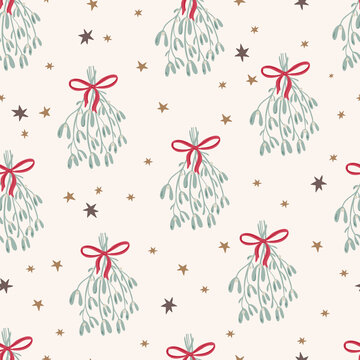 Merry Christmas Seamless Pattern In Traditional Colors With Vector Hand Drawn Mistletoe, Florals, Stars. Christmas Repeated Background For Wrapping Paper, Fabric, Christmas Decoration