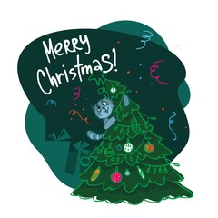 Cat on a Christmas tree trying to drop her new year and Christmas cute cartoon vector illustration for postcards calendars and posters. Merry Christmas lettering.