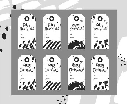 Collection of Christmas and New Year cute ready-to-use gift tags. Set of printable hand drawn holiday label in black white. Vector abstract Scandinavian seasonal badge design