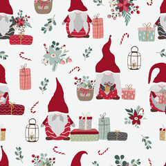 Merry Christmas seamless pattern in traditional colors with vector hand drawn christmas gnomes illustration. Scandinavian christmas repeated background for wrapping paper, fabric, christmas decoration