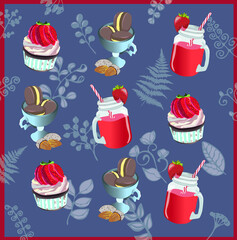 Strawberry sweet vector illustration on the purple background with plants