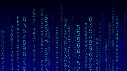 Blue matrix background. Stream of binary code. Falling numbers on dark backdrop. Digital computer code. Coding and hacking. Vector illustration.