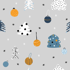 Fototapeta na wymiar Seamless pattern with Christmas trees and balls. Holiday print. Vector hand drawn illustration.