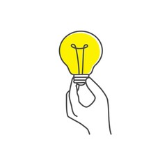 Hand drawn vector illustration of human hand holding bulb. Idea concept.