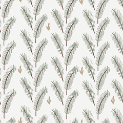 Merry Christmas seamless pattern with vector hand drawn floral leaves and branches.Christmas repeated background for wrapping paper, fabric, christmas decoration