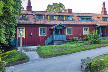 Traditional architecture of old Swedish building at Djurgarden island, historic recreational area....
