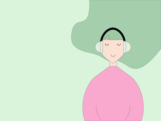 girl with headphones listening to music. Flat illustration