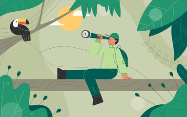 Explorers, travelers in the jungle large green leaves. Man Looks at the Toucan bird through binoculars. Concept of discovery, exploration, hiking, adventure tourism and travel.