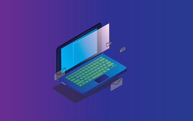 Isometric Laptop design received message email. Gradation color. isomateric 3d perspective concept