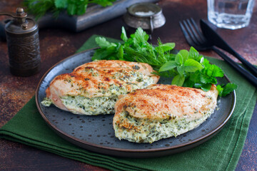 Baked chicken breast stuffed with cheese and spinach, horizontal