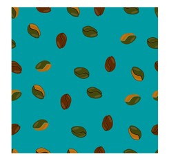 Coffee beans seamless pattern. Coffee seeds are randomly placed on a turquoise background. Packaging with a repeating texture.