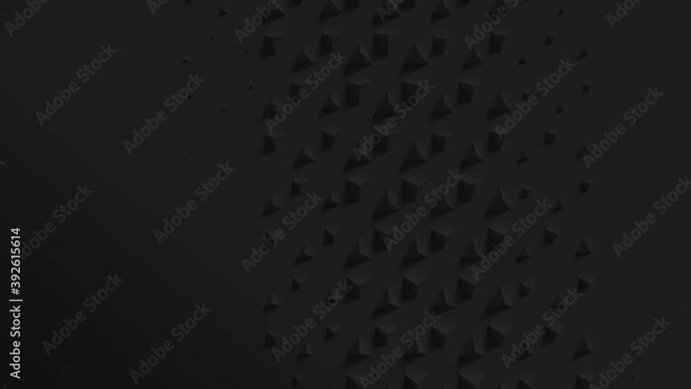 Poster black surface with wave of scaling pyramids with shadows. extruding shapes animation loop. clean dar