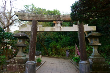 Fujisawa / Japan. Old torii gate. Enoshima Island