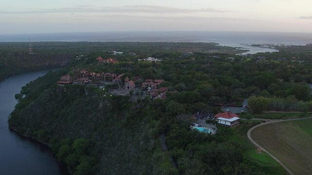 Aerial Backward over Chavon river and Dye Fore golf course. Dominican Republic