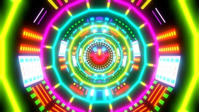 Multicolor Neon Trippy Psychedelic Smile Face Seamless Loop VJ Tunnel 3D Vibrant Music Video Background Infinite Paterns