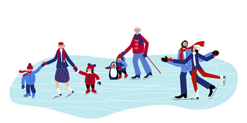 The Large Family is Skating on the Ice in Winter. Grandfather and Grandmother are Teaching Grandchildren. Dad and Mum are Dancing on the Ice. Winter Activity for all Family members.