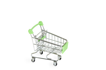 Empty grocery cart from the supermarket. the concept of less shopping, driving consumer behavior, the effect of online shopping, business reduction Quarantine. Insulation on white
