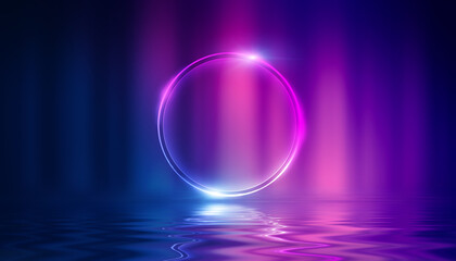 Dark abstract background. Neon light circle figure. Reflection of neon light on the water. Beach party. 3d illustration
