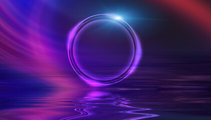 Dark abstract background. Neon light circle figure. Reflection of neon light on the water. Beach party. 3d illustration
