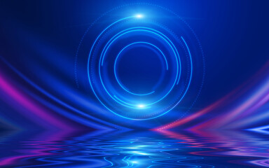 Dark abstract background. Neon light circle figure. Reflection of neon light on the water. Beach party. 3d illustration