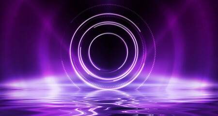 Dark abstract background. Neon light circle figure. Reflection of neon light on the water. Beach party. 3d illustration