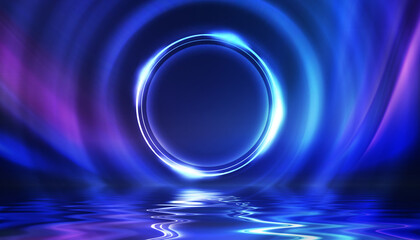 Dark abstract background. Neon light circle figure. Reflection of neon light on the water. Beach party. 3d illustration