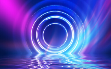 Dark abstract background. Neon light circle figure. Reflection of neon light on the water. Beach party. 3d illustration