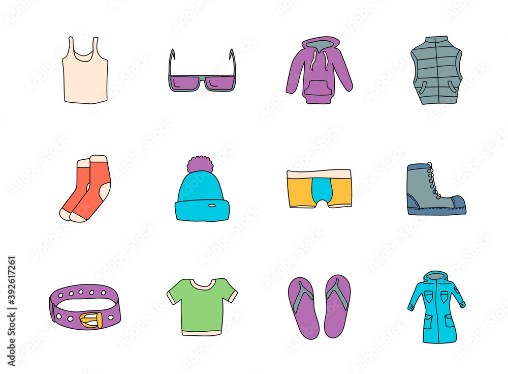 Poster clothes doodles isolated on white. clothes icon set for web design, user interface, mobile apps and 