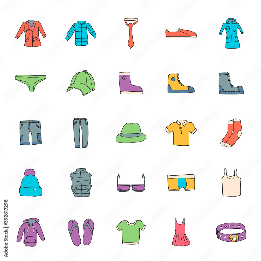 Poster clothes hand drawn linear doodles isolated on white background. clothes icon set for web and ui desi