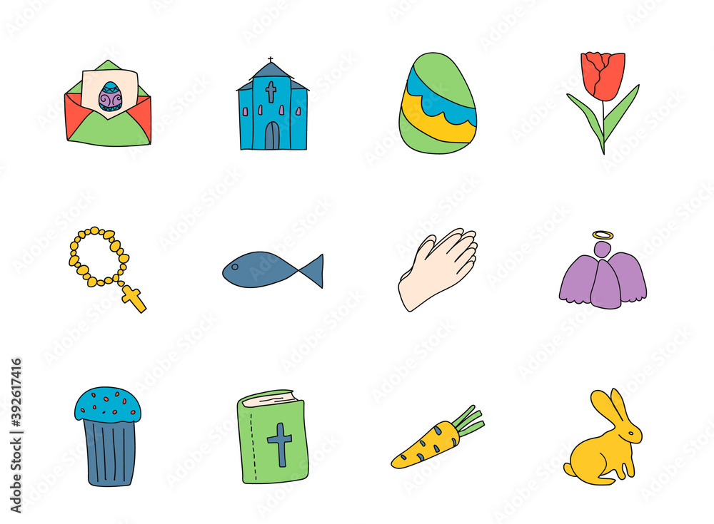 Poster easter hand drawn linear vector icons isolated on white background. easter doodle icon set for web a