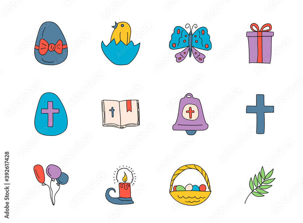 Poster easter doodles isolated on white. easter icon set for web design, user interface, mobile apps and pr