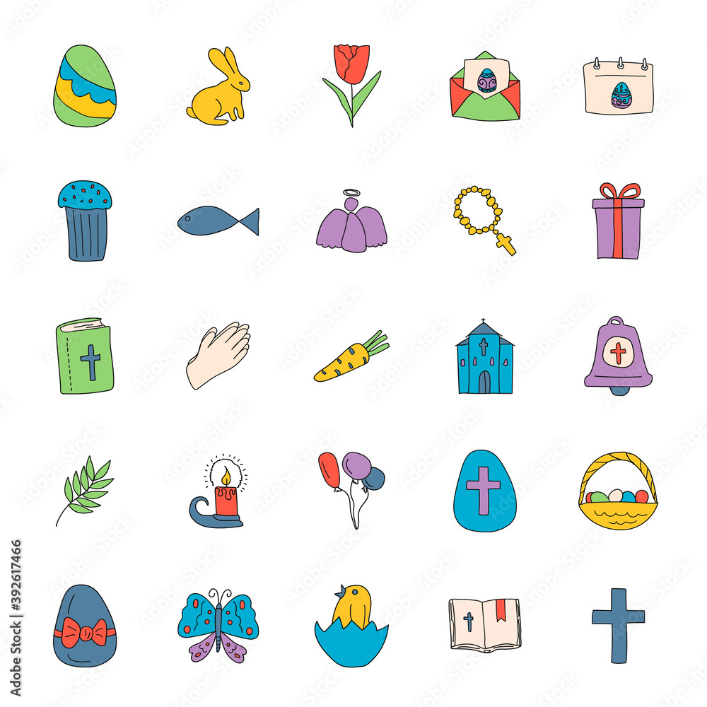 Poster easter hand drawn linear doodles isolated on white background. easter icon set for web and ui design