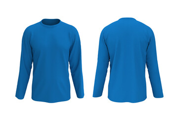 men's blue longsleeve t-shirt mockup in front, and back views, design presentation for print, 3d illustration, 3d rendering