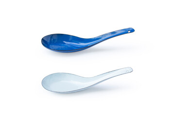 Metal spoon and fork blue isolated on white background clipping path.