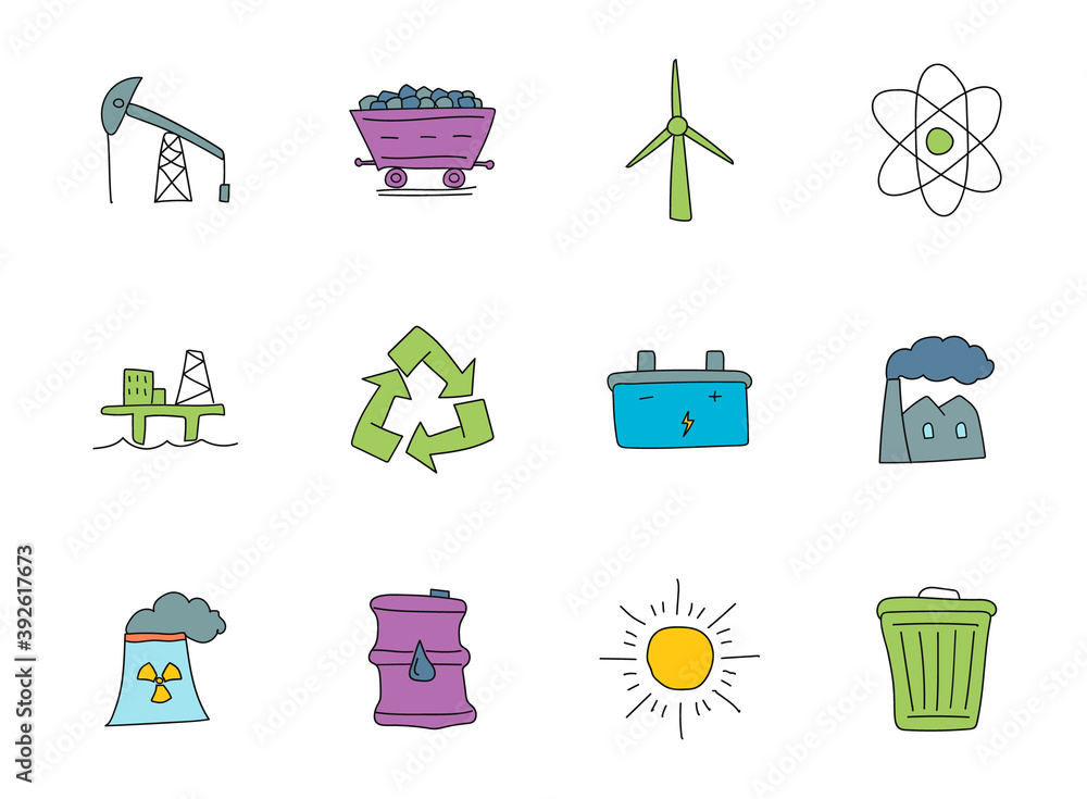 Poster energy hand drawn linear vector icons isolated on white background. energy doodle icon set for web a