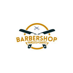 Shaving knife and scissor in circle shield decorated with text vector illustration isolated on white background fit for barbershop logo, label, badge, stamp, sign for advertising or promotion material