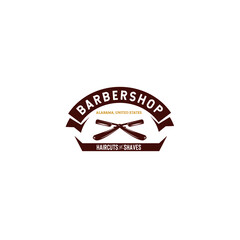 Vector illustration of barbershop classic logo with shaving knife and ribbon isolated on white background perfect for company logo, label, badge, stamp, sign for advertising or promotional material
