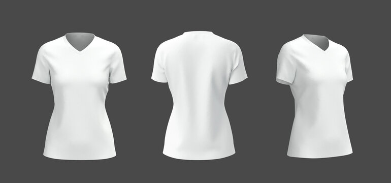 Women's v-neck t-shirt mockup in front, side and back views, design presentation for print, 3d illustration, 3d rendering