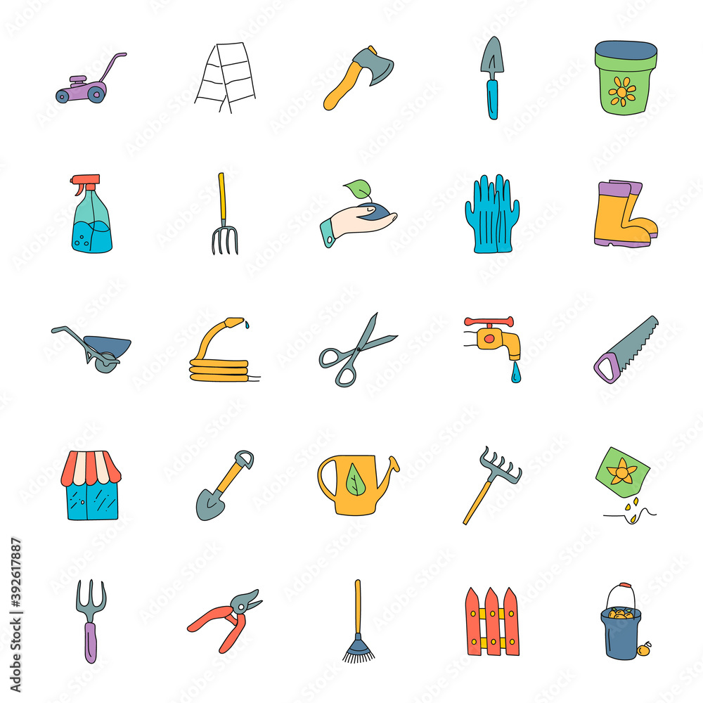 Poster garden hand drawn linear doodles isolated on white background. garden icon set for web and ui design