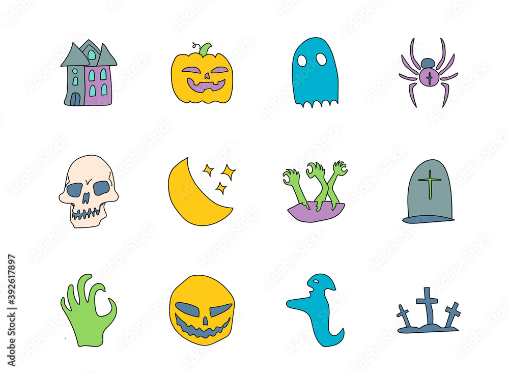 Poster halloween hand drawn linear vector icons isolated on white background. halloween doodle icon set for