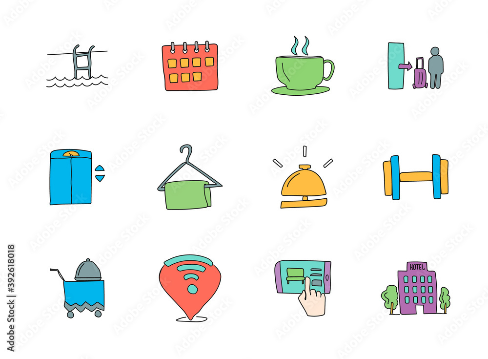 Poster hotel hand drawn linear vector icons isolated on white background. hotel doodle icon set for web and