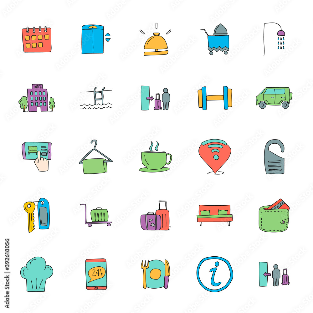 Poster hotel hand drawn linear doodles isolated on white background. hotel icon set for web and ui design, 