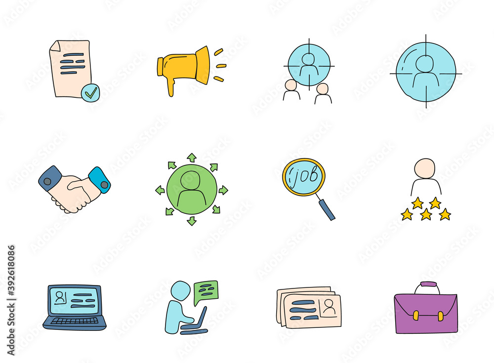 Poster job search doodles isolated on white. job search icon set for web design, user interface, mobile app