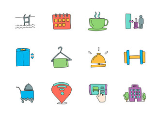 hotel hand drawn linear vector icons isolated on white background. hotel doodle icon set for web and ui design, mobile apps and print products